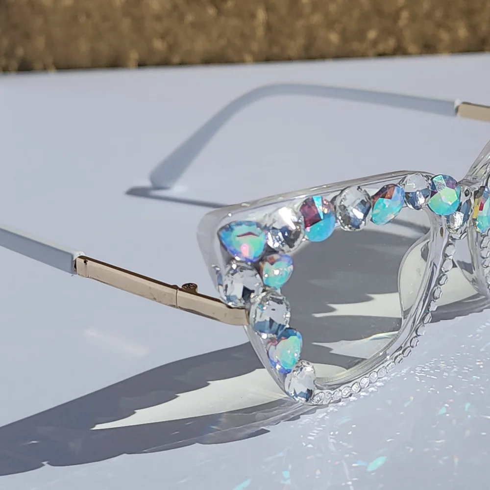 Women's Bling Cat Eye Readers Colorful Rhinestones AB Reading Glasses White+1.00